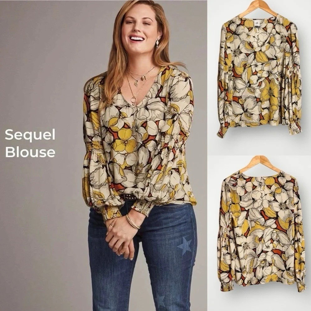 CAbi L Large‎ Sequel Blouse Floral V-Neck Smocked Poet Sleeves #3954 Women's